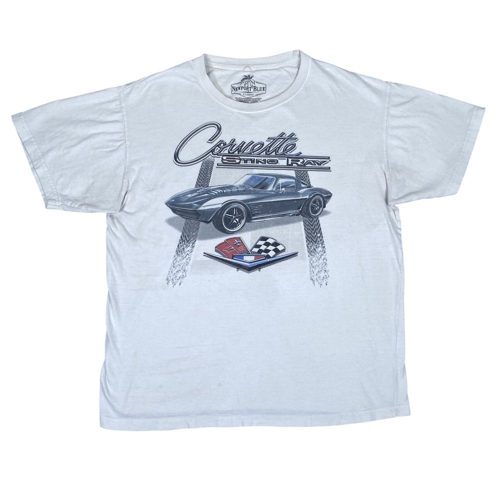 Newport Blue T-Shirt Mens XL White Corvette Sting Ray Graphic Crew Neck Cotton